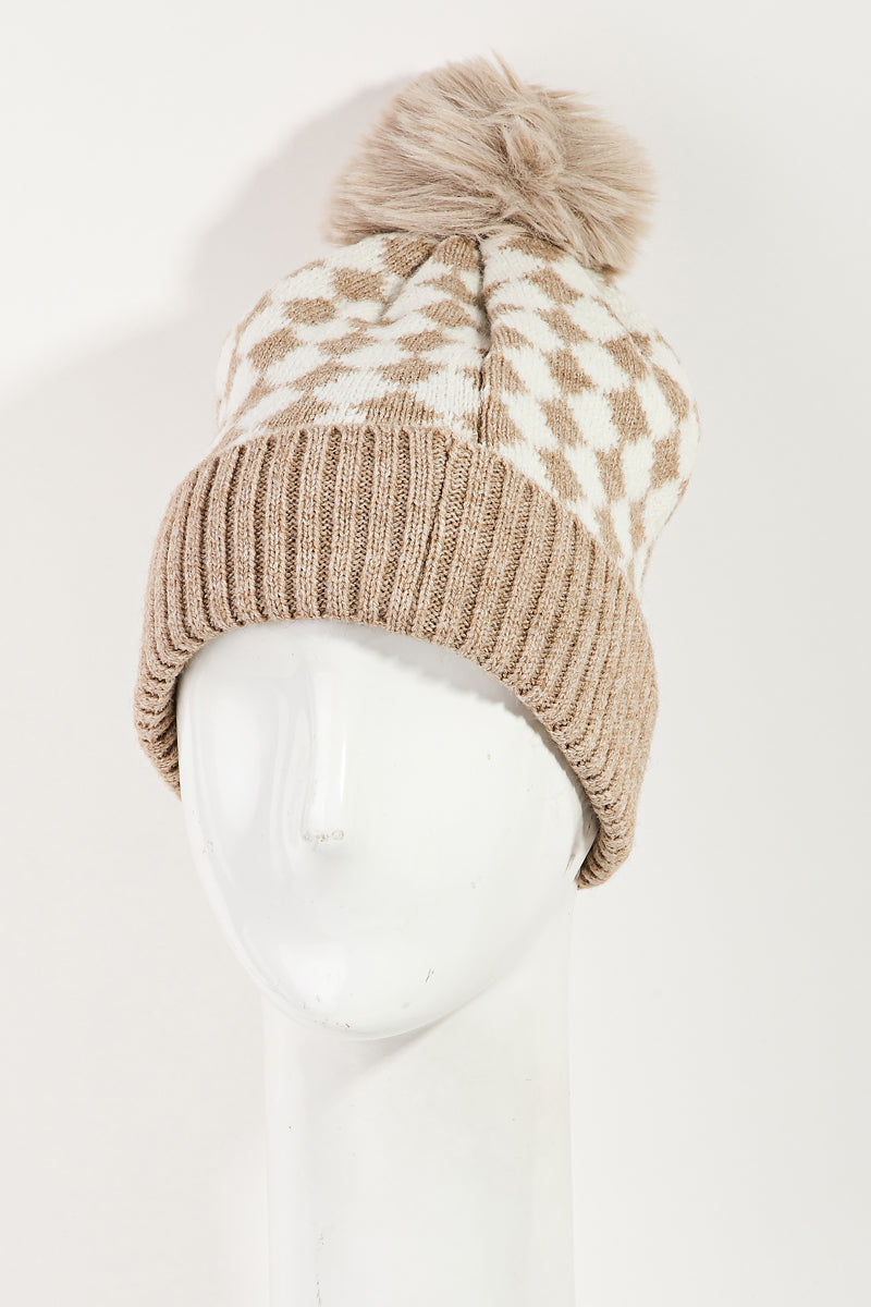 Checkered Pattern Pom Beanie